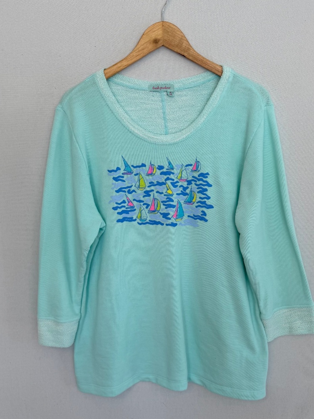 FRESH PRODUCE Women’s XL Aqua Sailboat Print 3/4 Sleeve Sweatshirt